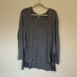 Free People Grey Waffle Knit Oversized V Neck Top